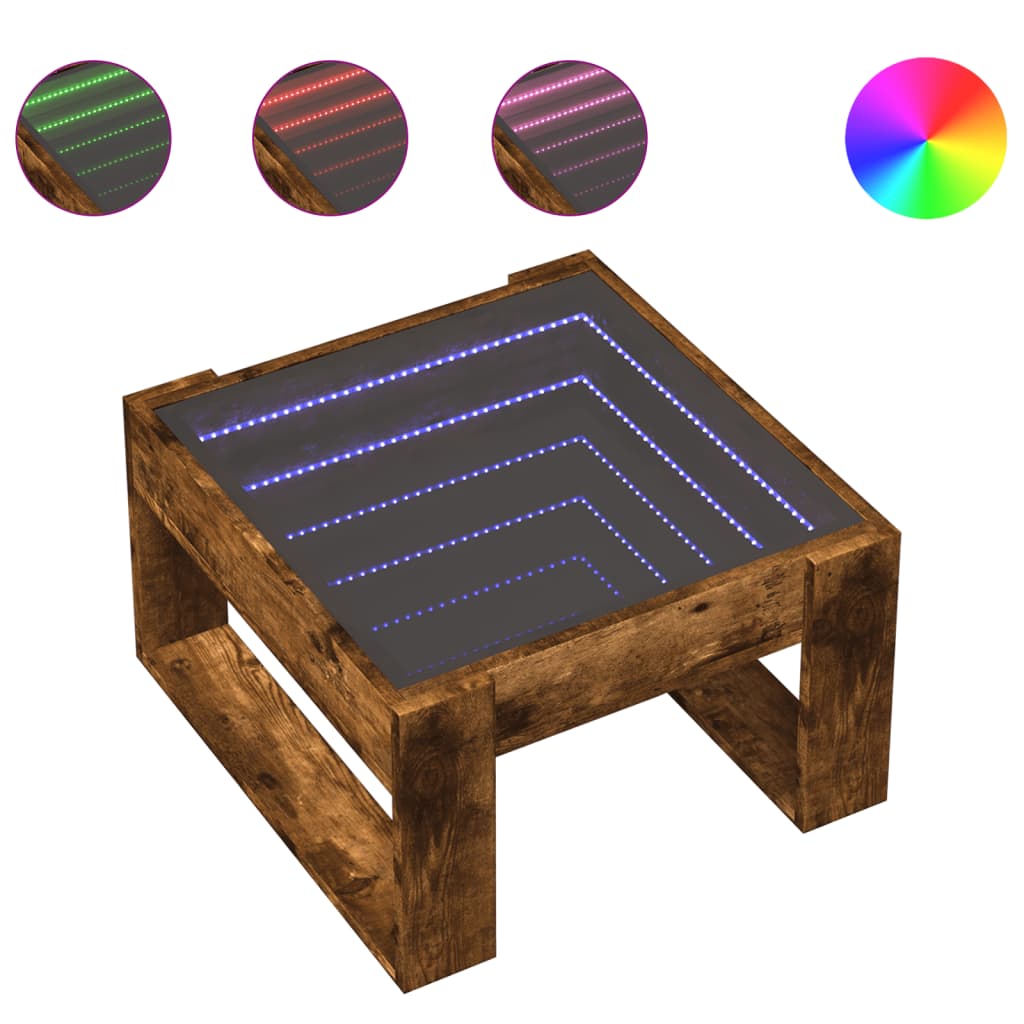 Tavolino da Salotto con LED Infinity Rovere Fumo 50x53x30 cm
