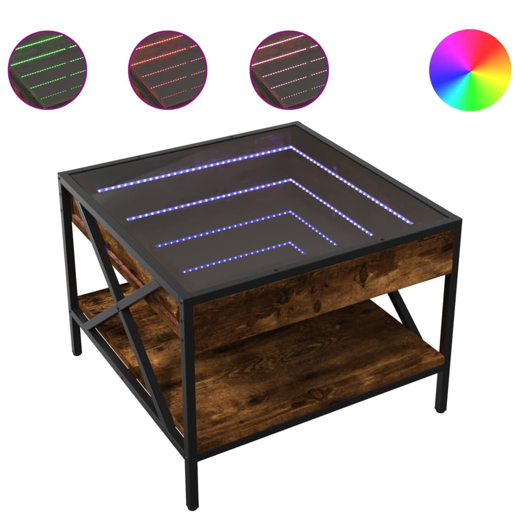 Tavolino da Salotto con LED Infinity Rovere Fumo 50x50x38 cm