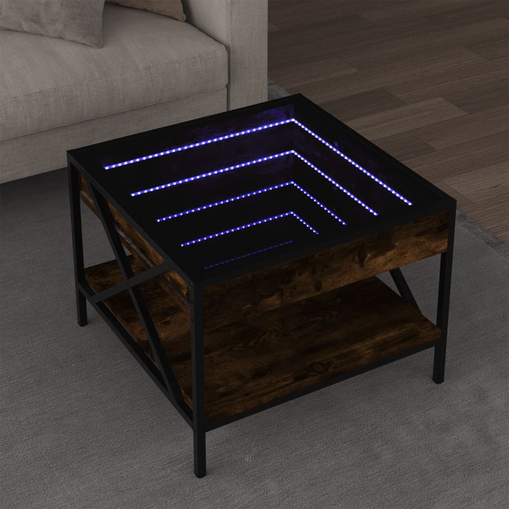 Tavolino da Salotto con LED Infinity Rovere Fumo 50x50x38 cm