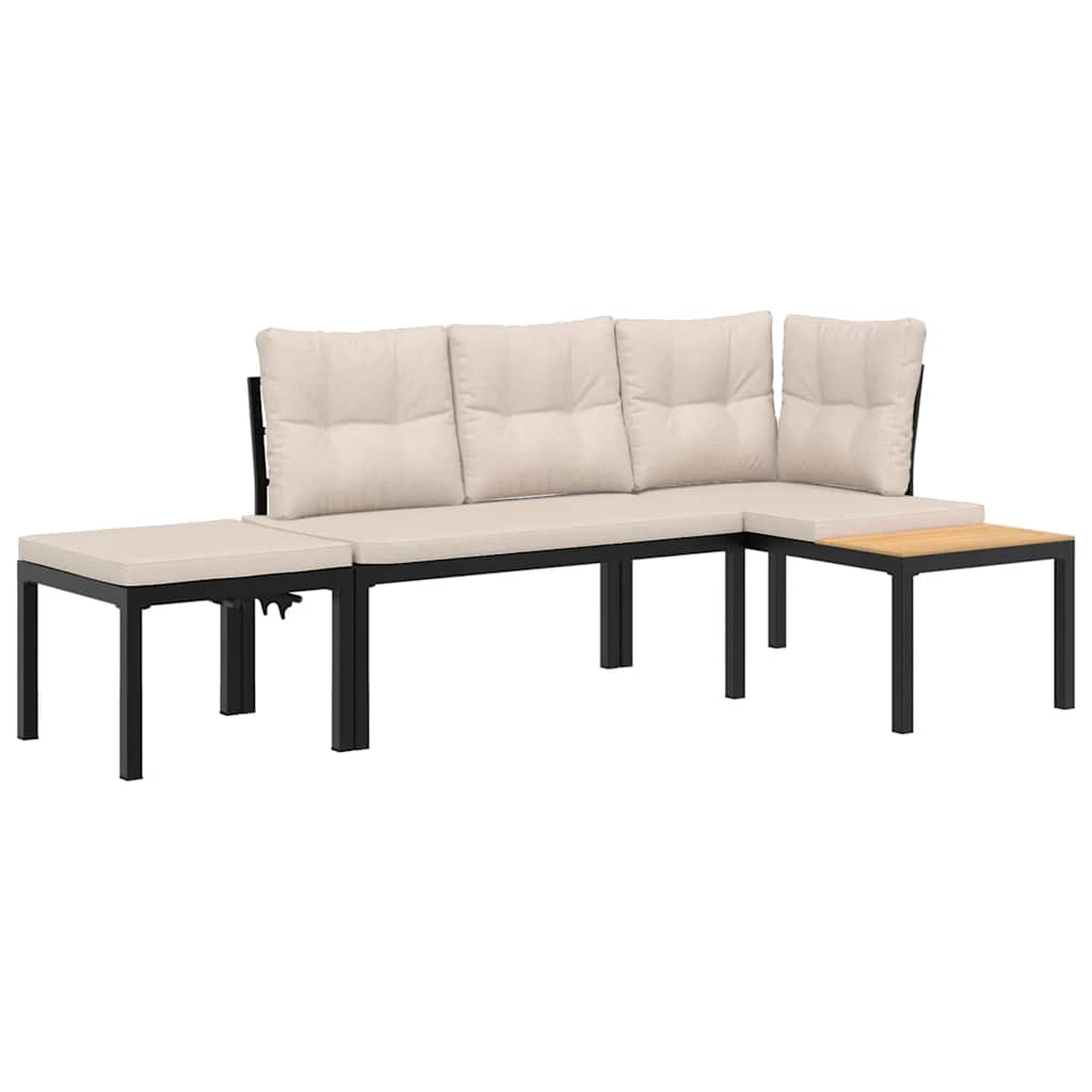 Set Panche Giardino Cuscini 3pz Nero Acciaio Verniciato Polvere