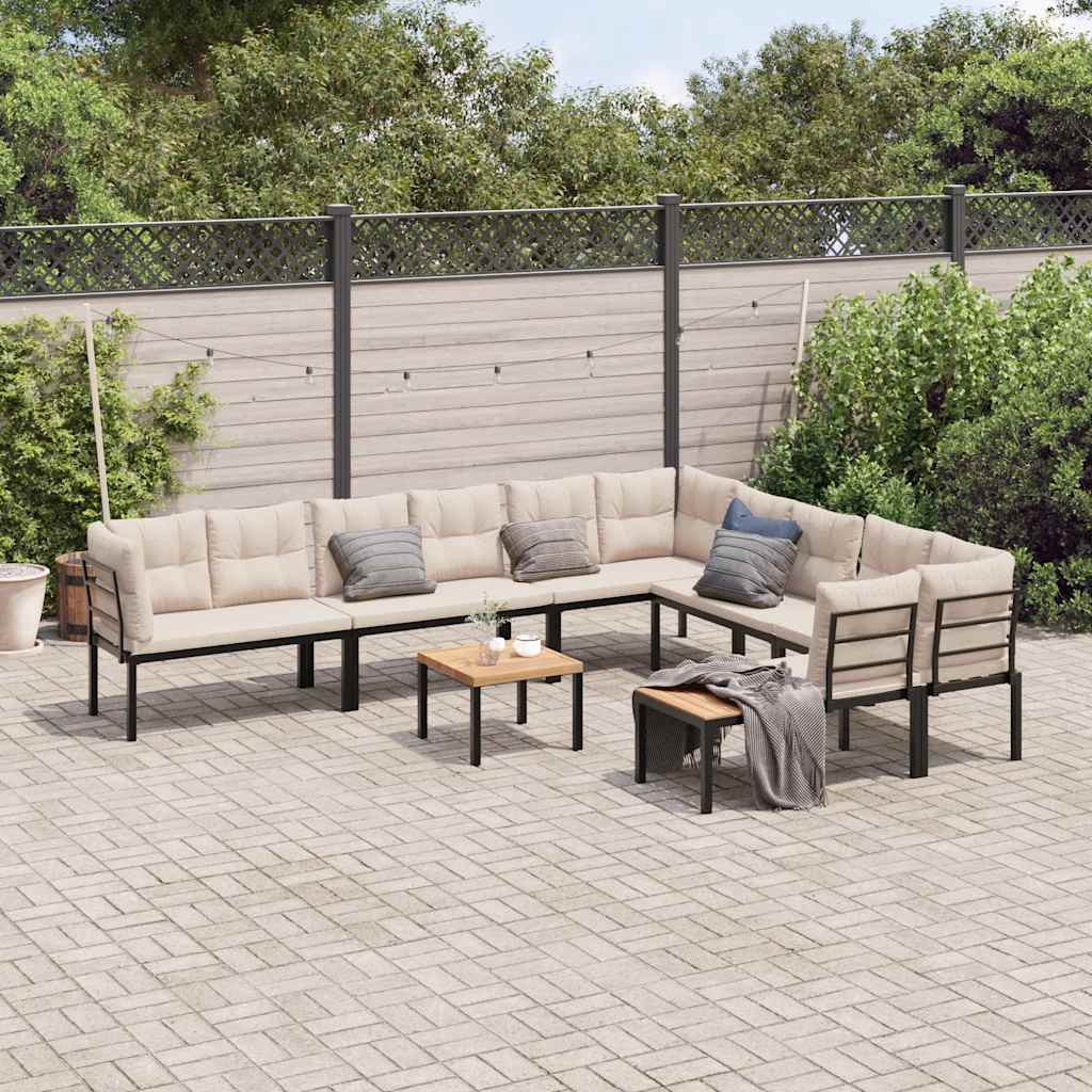 Divani Giardino con Cuscini 7pz Neri Acciaio Verniciato Polvere