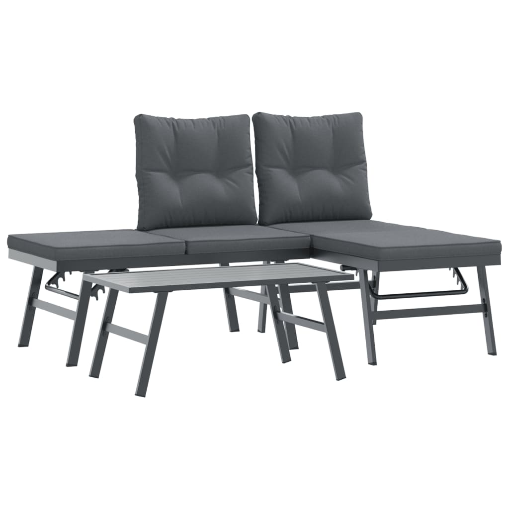 Set Panche Giardino Cuscini 3pz Nere Acciaio Verniciato Polvere