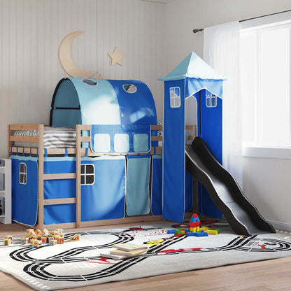 Letto a Castello con Scivolo e Tende Blu 90x200 cm