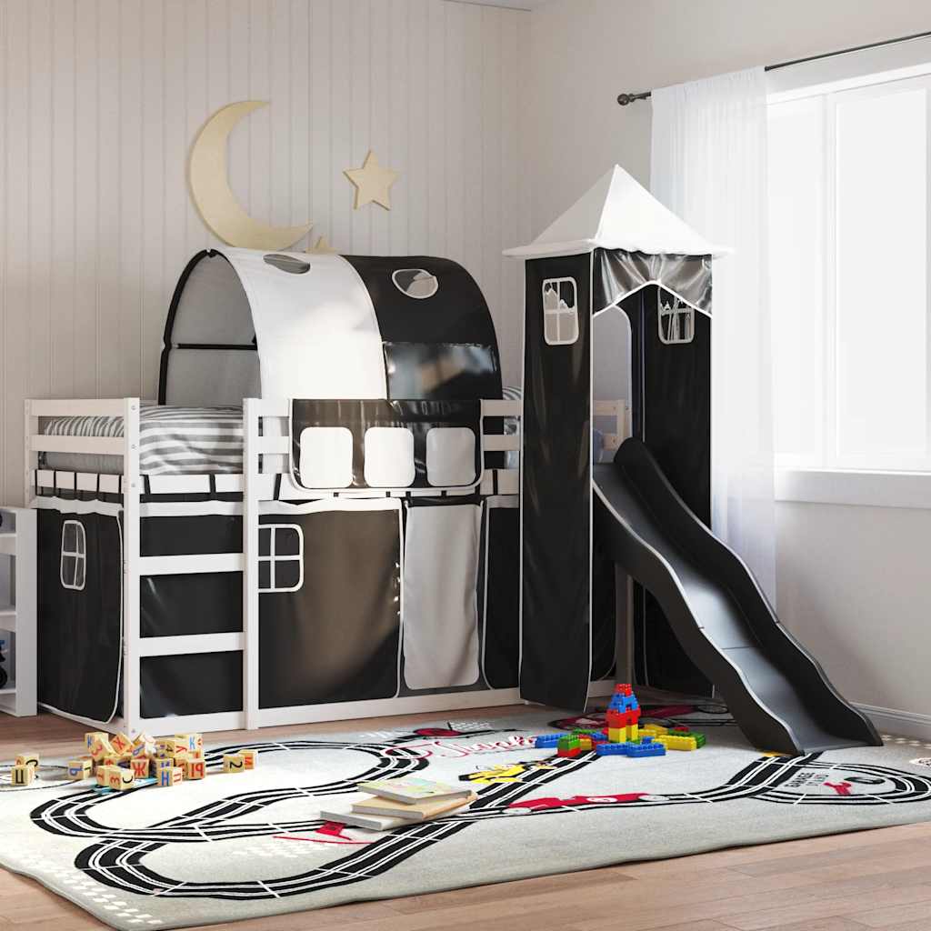 Letto a Castello con Scivolo e Tende Bianco e Nero 80x200 cm