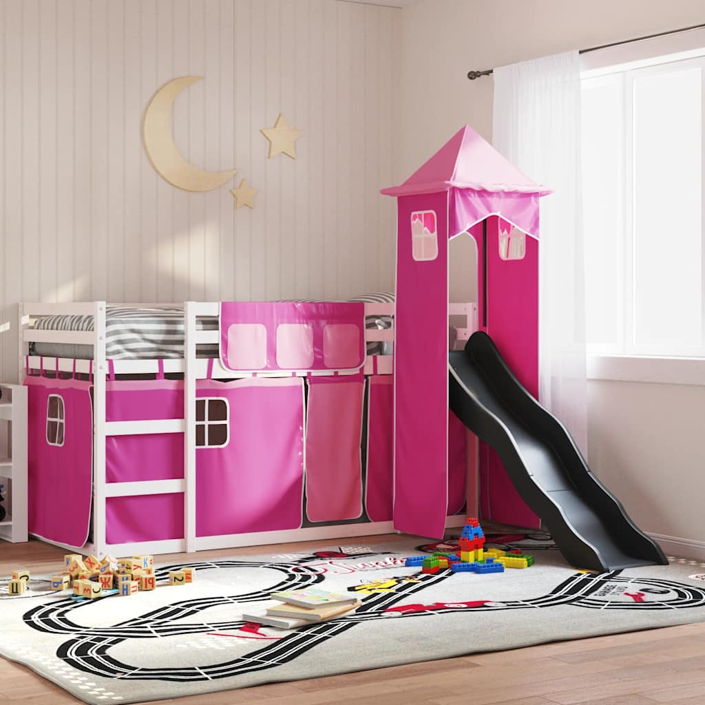 Letto a Castello con Scivolo e Tende Rosa 90x200 cm