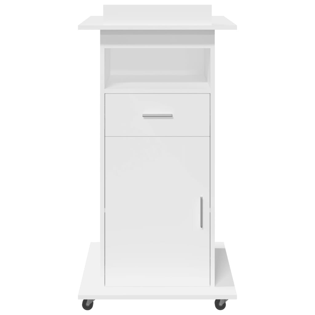 Leggio con Ruote e Cassetto Bianco 55x55x107 cm in Multistrato