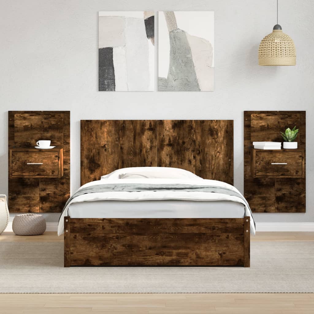 Testiera per Letto con Comodini Rovere Fumo 120 cm Multistrato