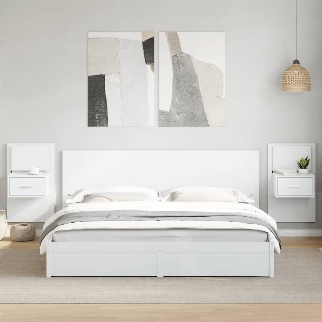 Testiera Letto con Comodini Bianca 200 cm in Legno Multistrato
