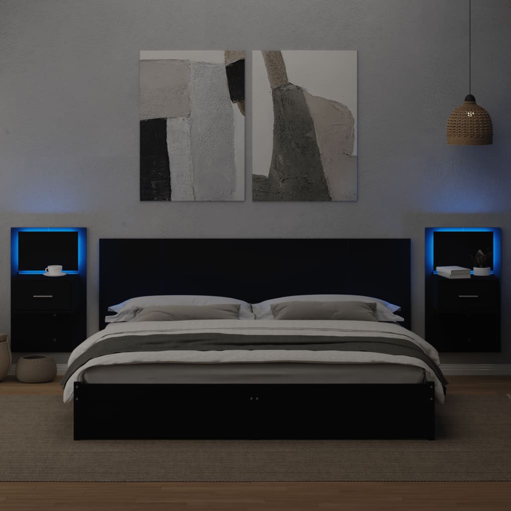 Testiera Letto con Comodini Nera 200 cm in Legno Multistrato