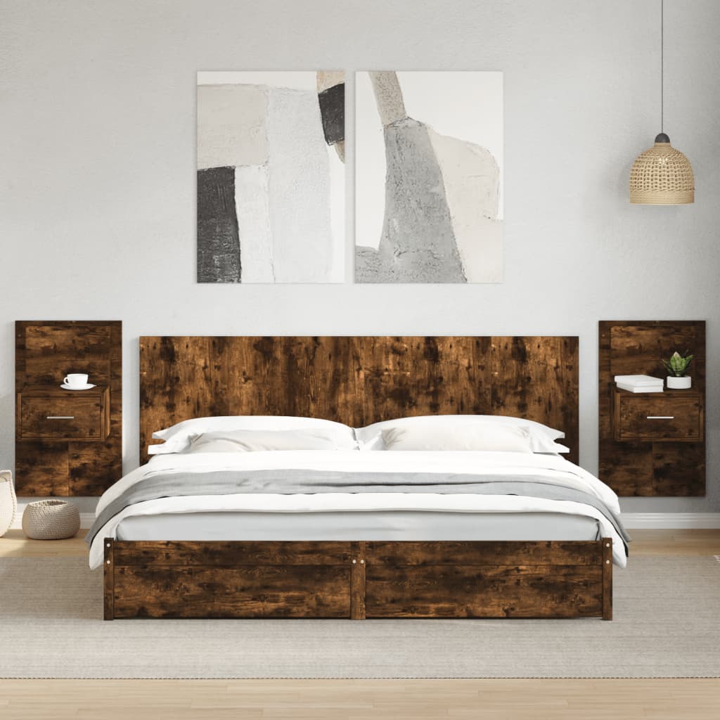 Testiera per Letto con Comodini Rovere Fumo 200 cm Multistrato