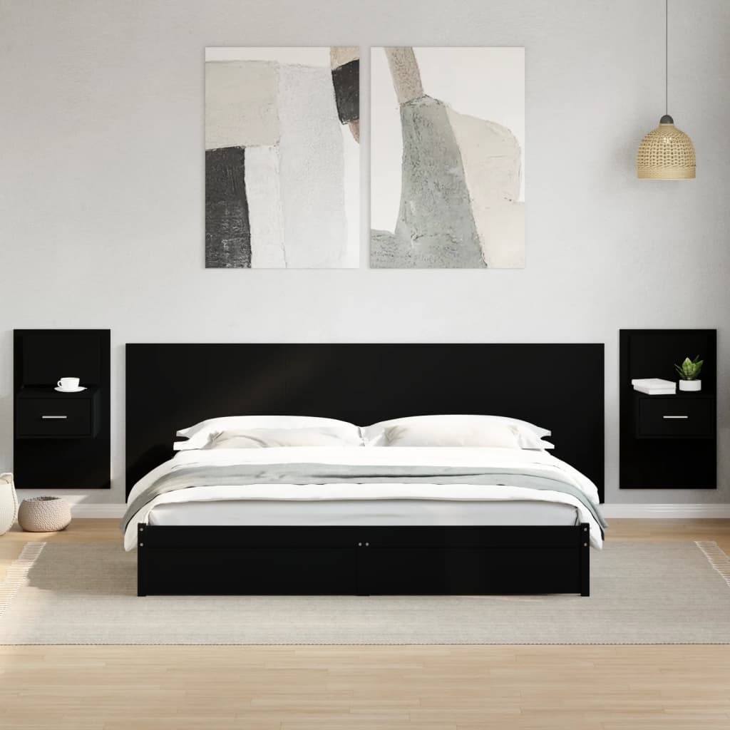 Testiera Letto con Comodini Nera 240 cm in Legno Multistrato
