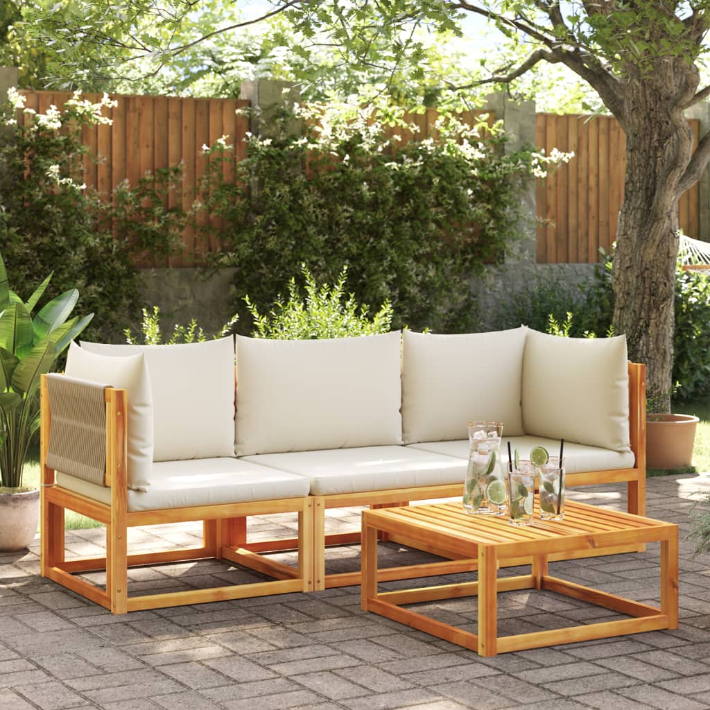 Set di divani da giardino 3 pezzi con cuscini in legno di acacia e corda
