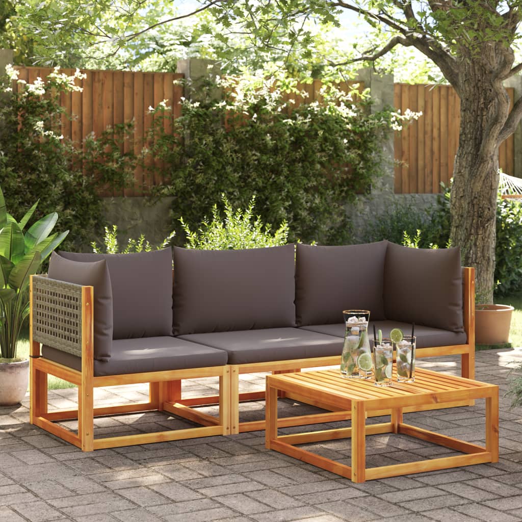 Set di divani da giardino 3 pezzi con cuscini in legno di acacia e rattan