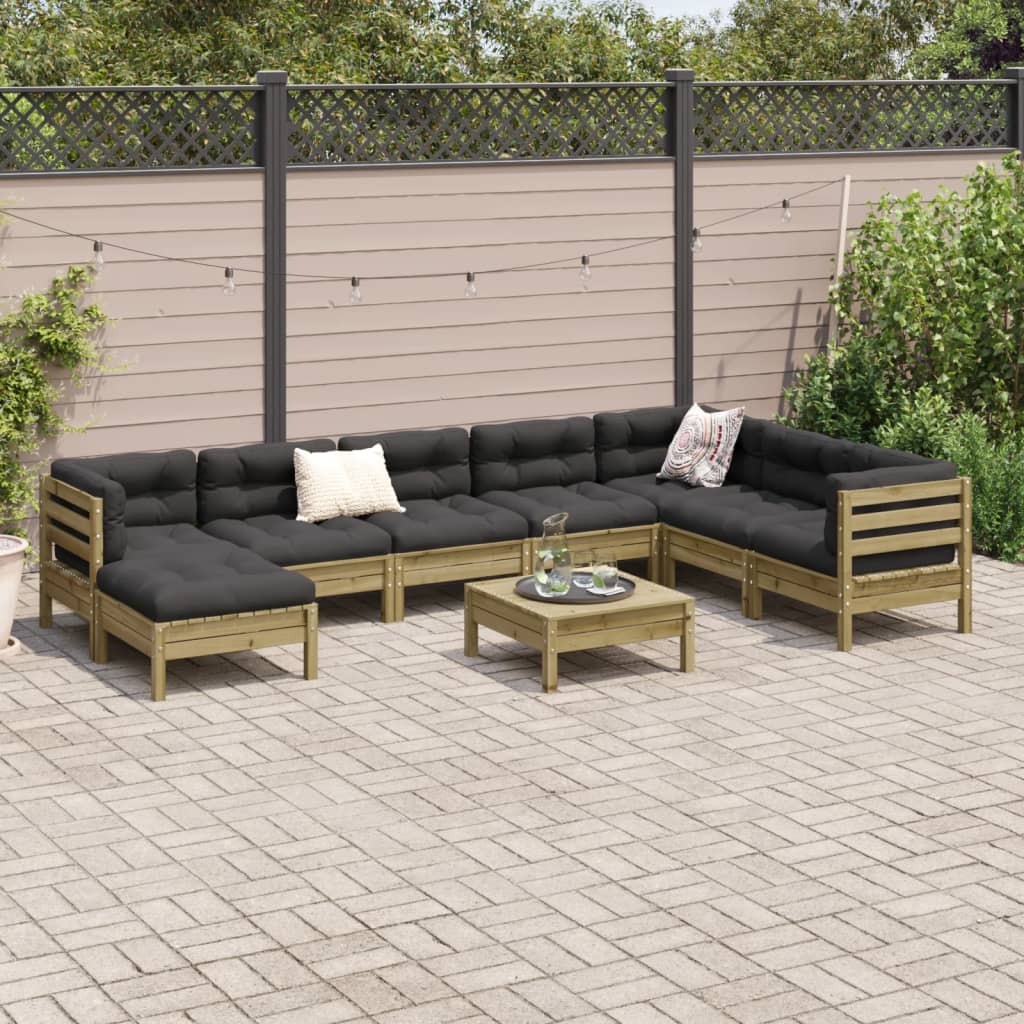 Set Divani da Giardino 9pz con Cuscini Legno Impregnato di Pino
