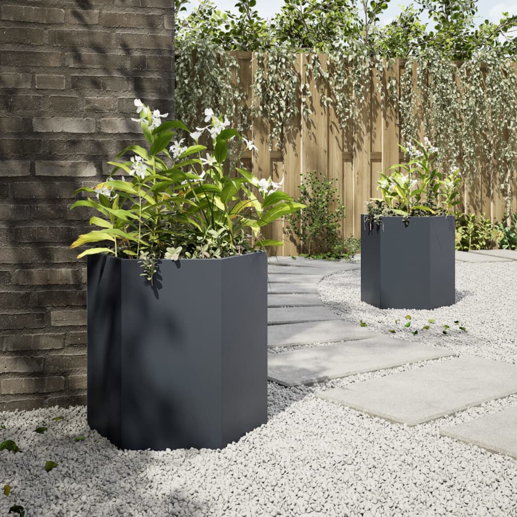 Fioriere da Giardino 2 pz Antracite Esagono 46x40x45 cm Acciaio