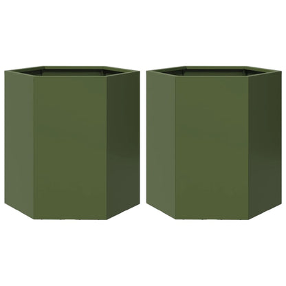 Fioriere da Giardino 2pz Verde Oliva Esagono 46x40x45cm Acciaio