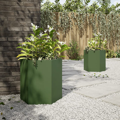 Fioriere da Giardino 2pz Verde Oliva Esagono 46x40x45cm Acciaio