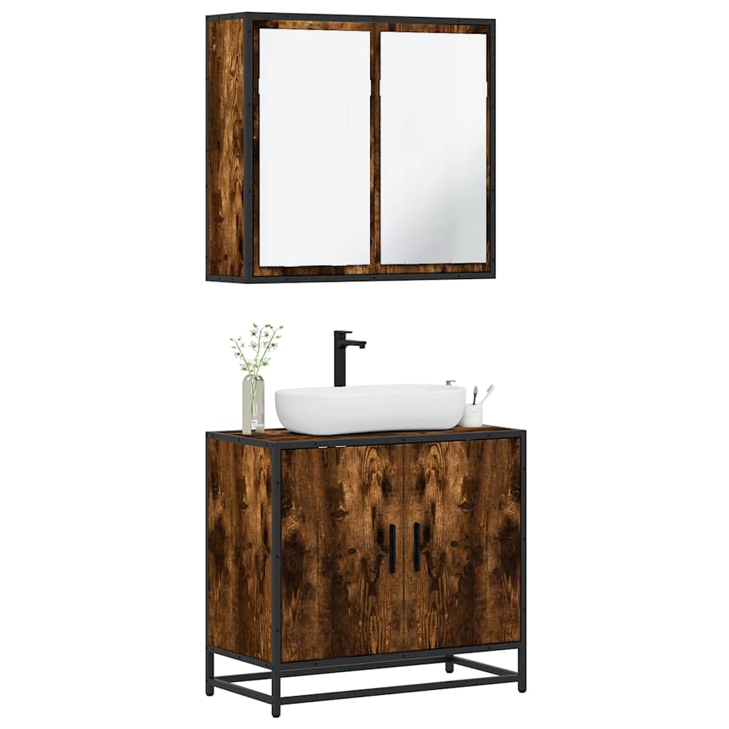 Set Mobili da Bagno 2 pz Rovere Fumo in Legno Multistrato