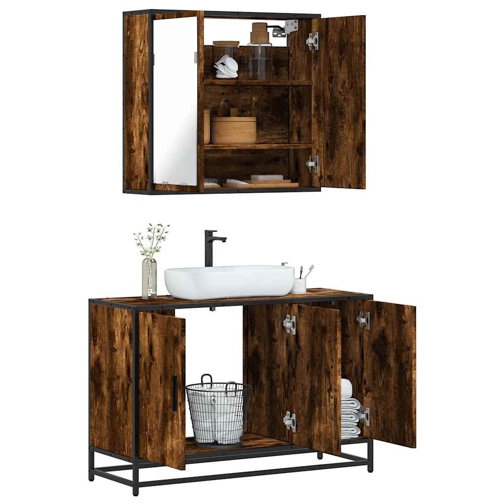 Set Mobili da Bagno 2 pz Rovere Fumo in Legno Multistrato