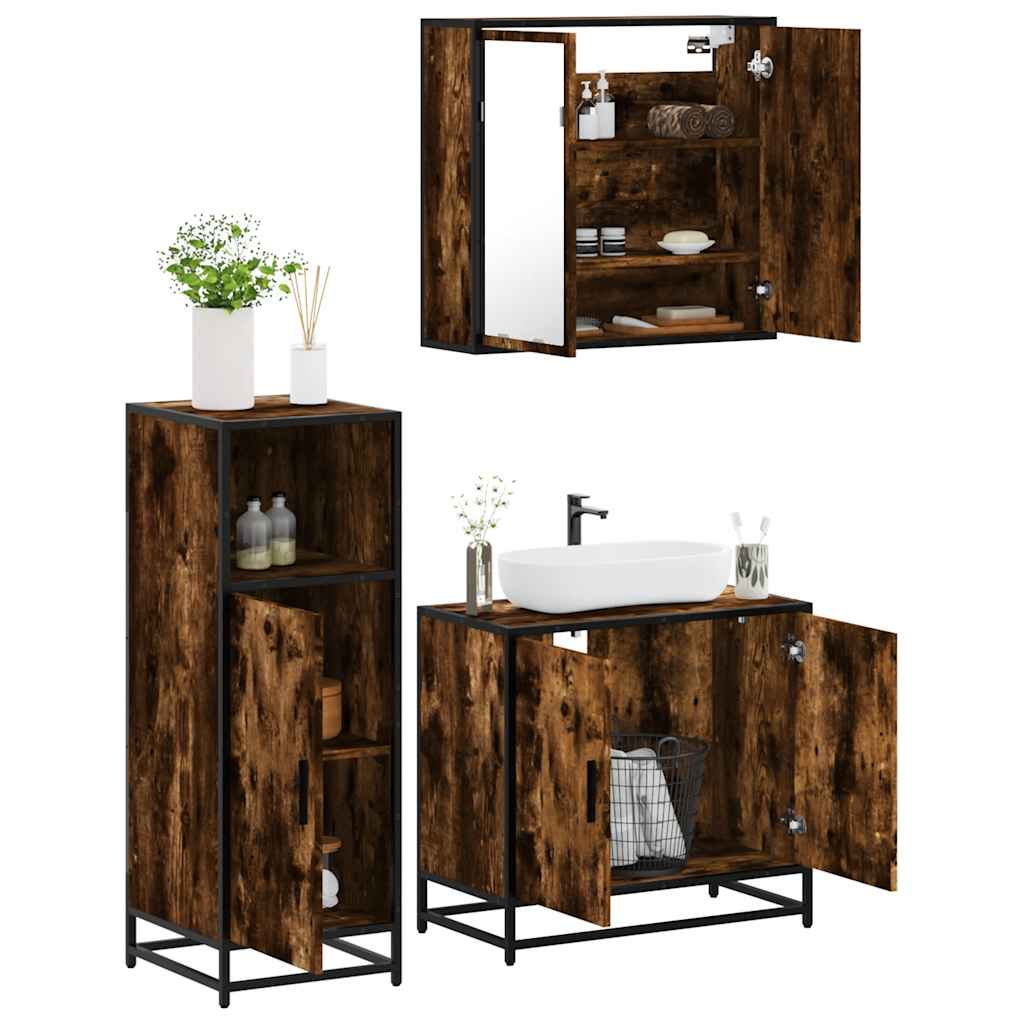 Set Mobili da Bagno 3 pz Rovere Fumo in Legno Multistrato