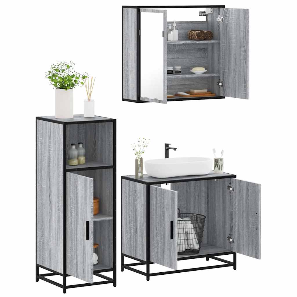 Set Mobili da Bagno 3 pz Grigio Sonoma in Legno Multistrato