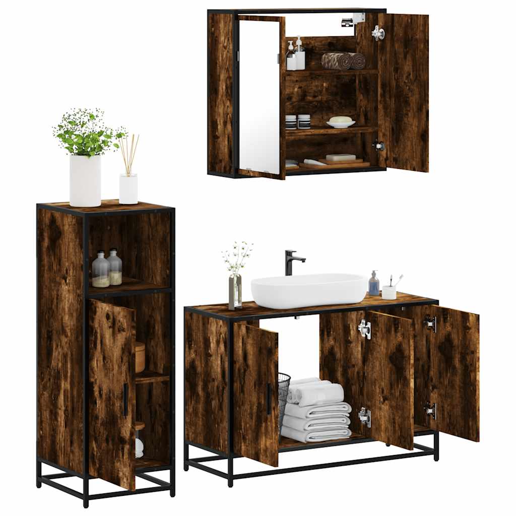 Set Mobili da Bagno 3 pz Rovere Fumo in Legno Multistrato