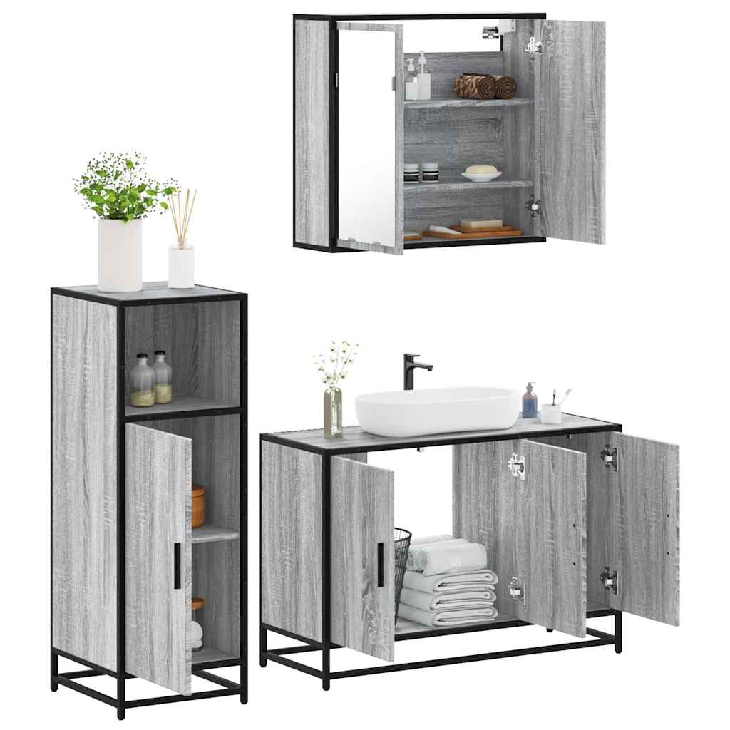 Set Mobili da Bagno 3 pz Grigio Sonoma in Legno Multistrato
