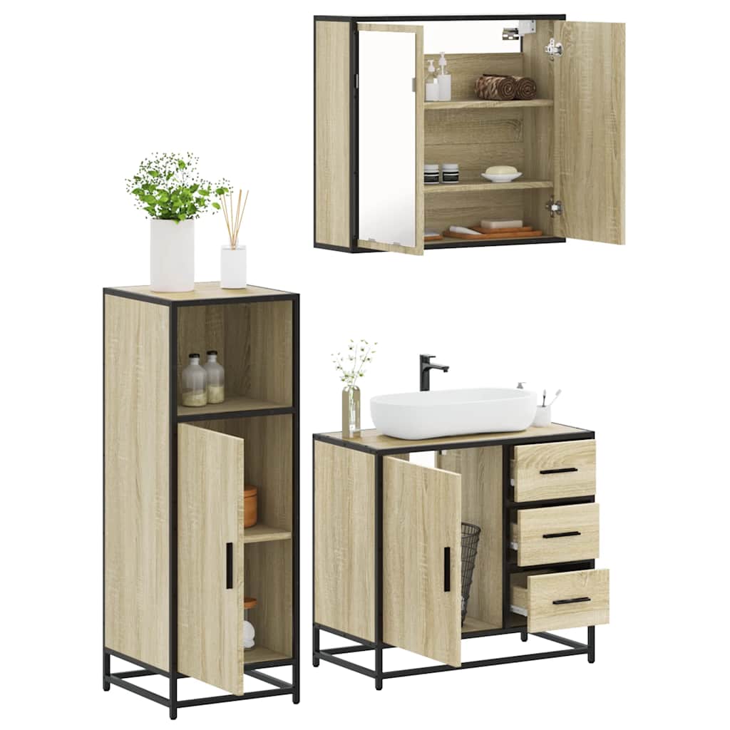 Set Mobili da Bagno 3 pz Rovere Sonoma in Legno Multistrato