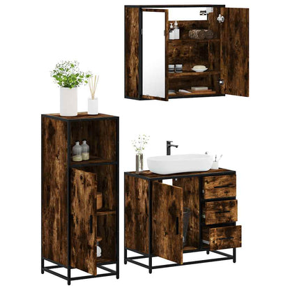 Set Mobili da Bagno 3 pz Rovere Fumo in Legno Multistrato