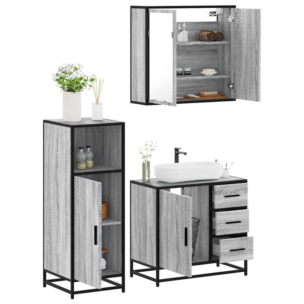 Set Mobili da Bagno 3 pz Grigio Sonoma in Legno Multistrato