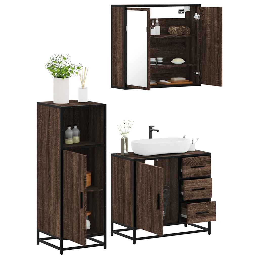 Set Mobili da Bagno 3 pz Rovere Marrone in Legno Multistrato