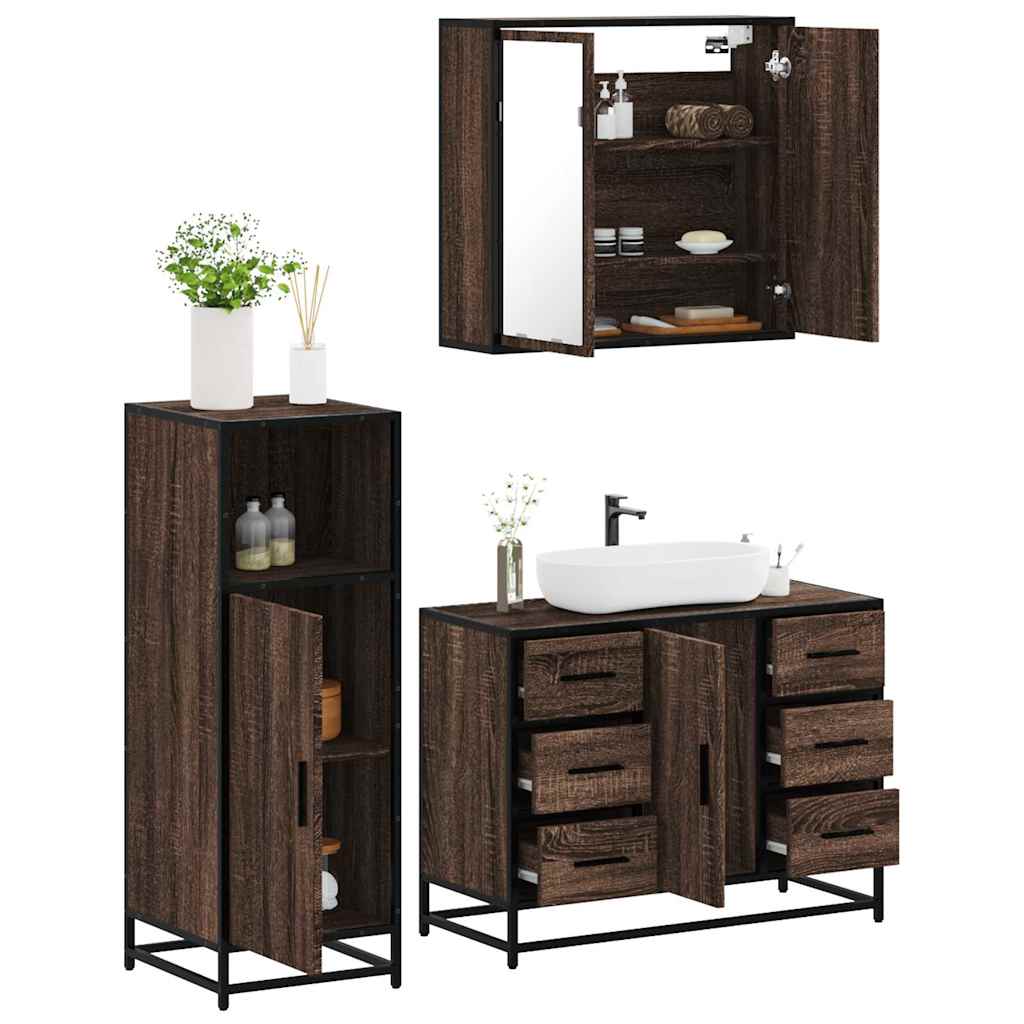 Set Mobili da Bagno 3 pz Rovere Marrone in Legno Multistrato