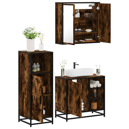 Set Mobili da Bagno 3 pz Rovere Fumo in Legno Multistrato
