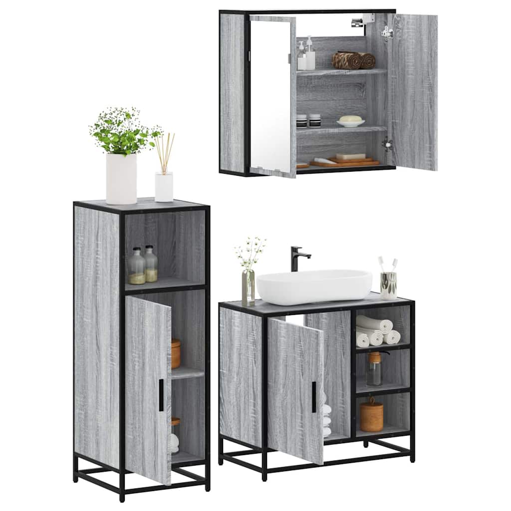 Set Mobili da Bagno 3 pz Grigio Sonoma in Legno Multistrato