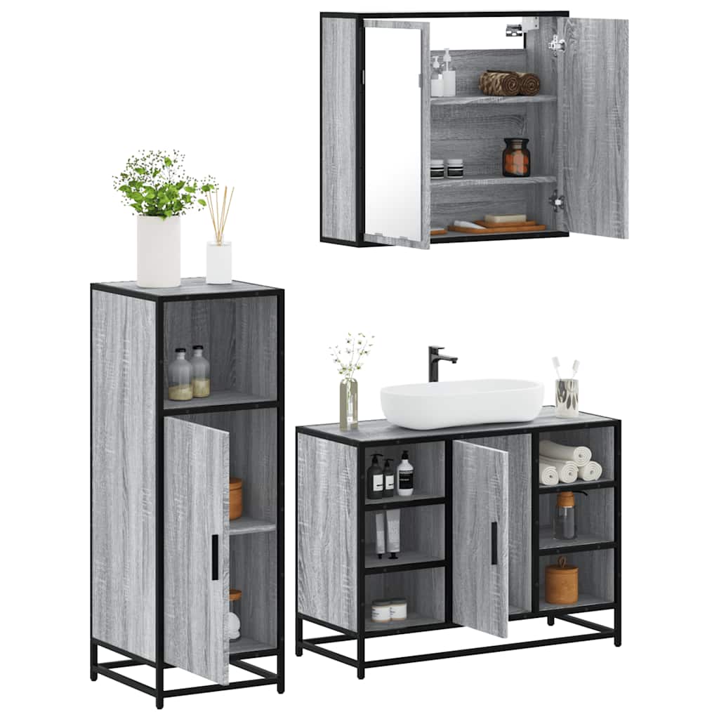 Set Mobili da Bagno 3 pz Grigio Sonoma in Legno Multistrato