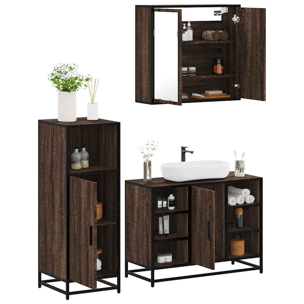 Set Mobili da Bagno 3 pz Rovere Marrone in Legno Multistrato