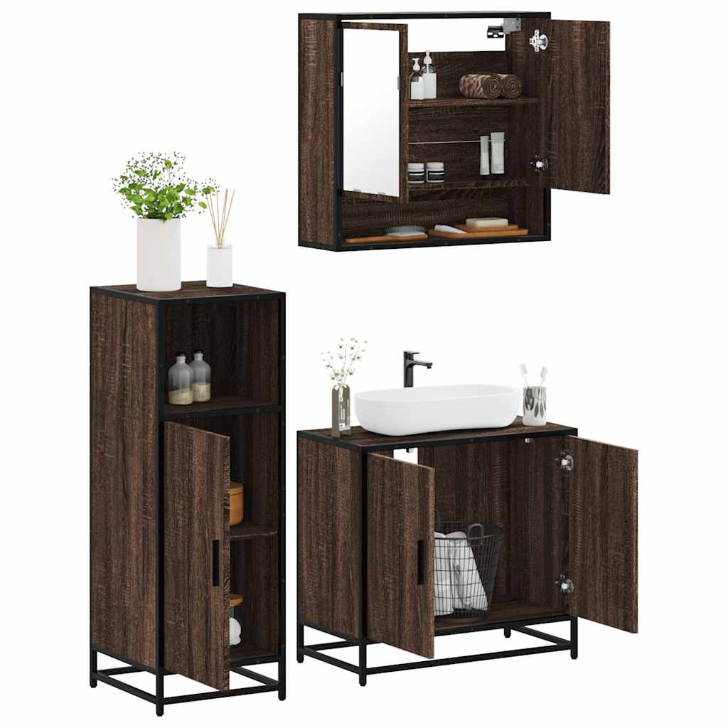 Set Mobili da Bagno 3 pz Rovere Marrone in Legno Multistrato