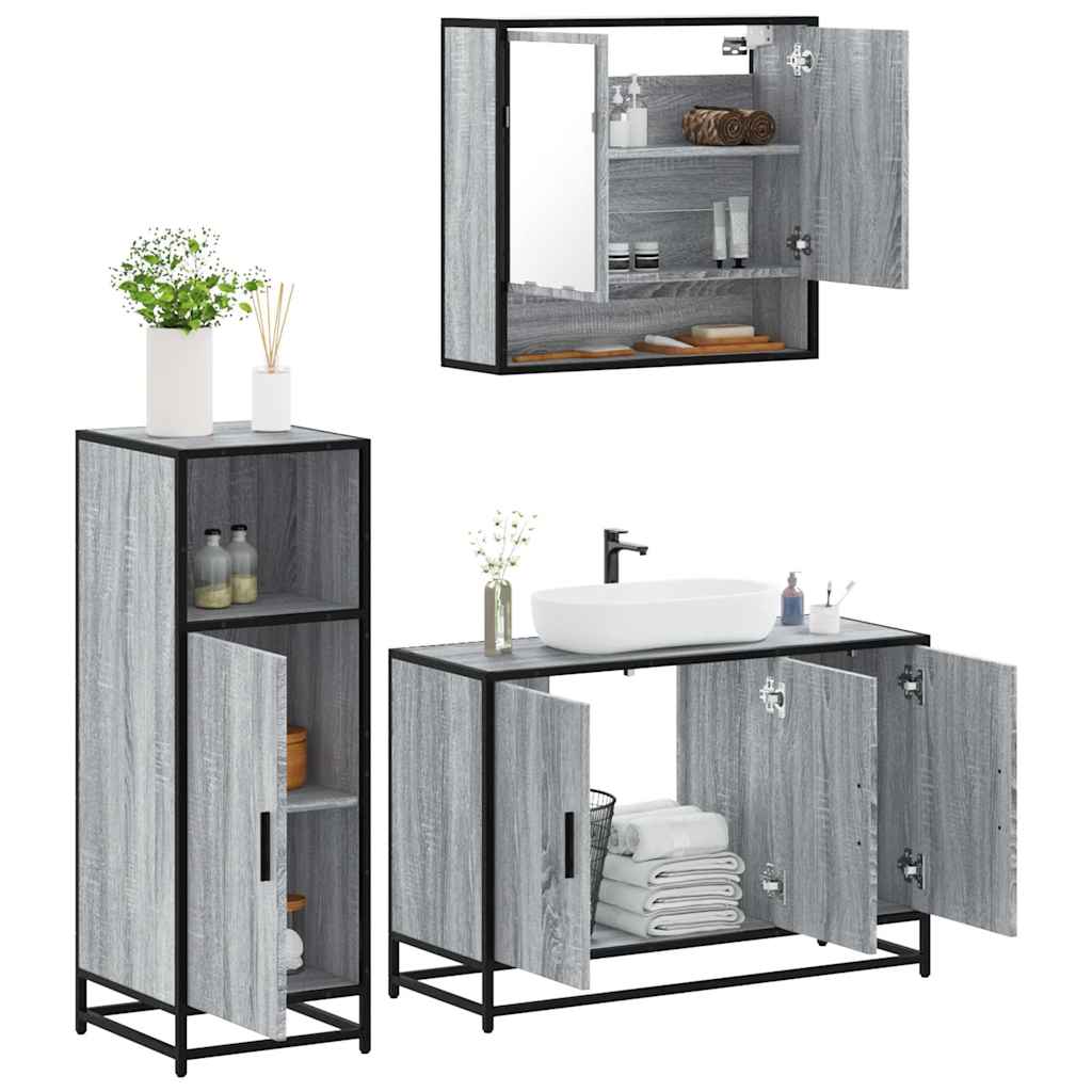 Set Mobili da Bagno 3 pz Grigio Sonoma in Legno Multistrato
