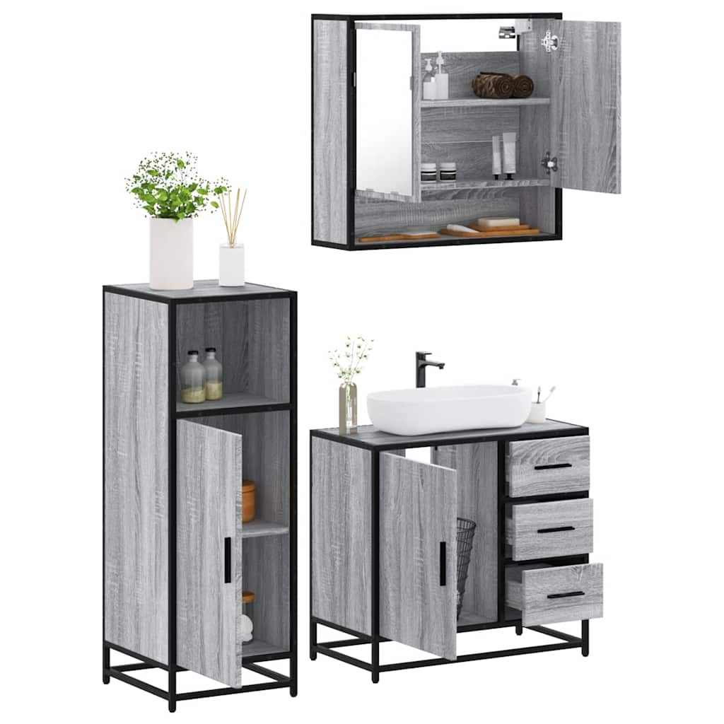 Set Mobili da Bagno 3 pz Grigio Sonoma in Legno Multistrato