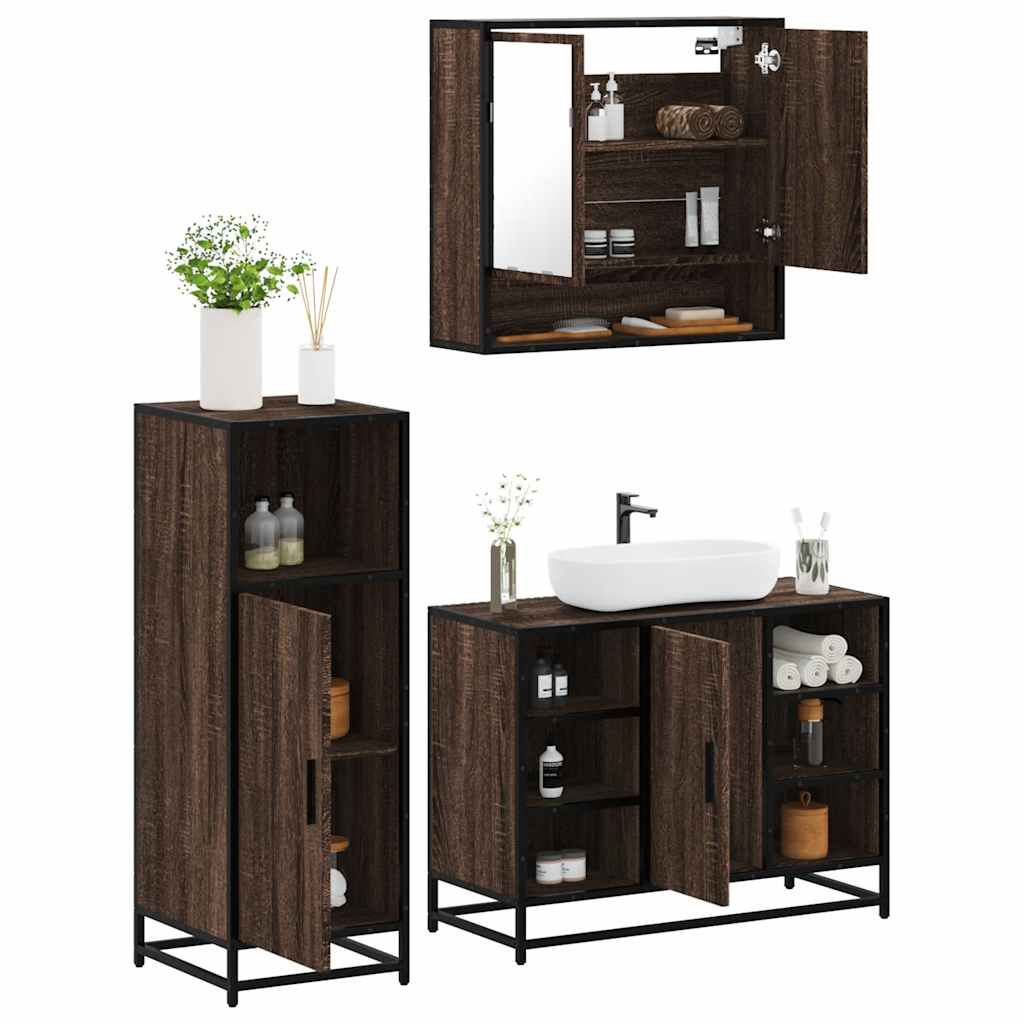 Set Mobili da Bagno 3 pz Rovere Marrone in Legno Multistrato