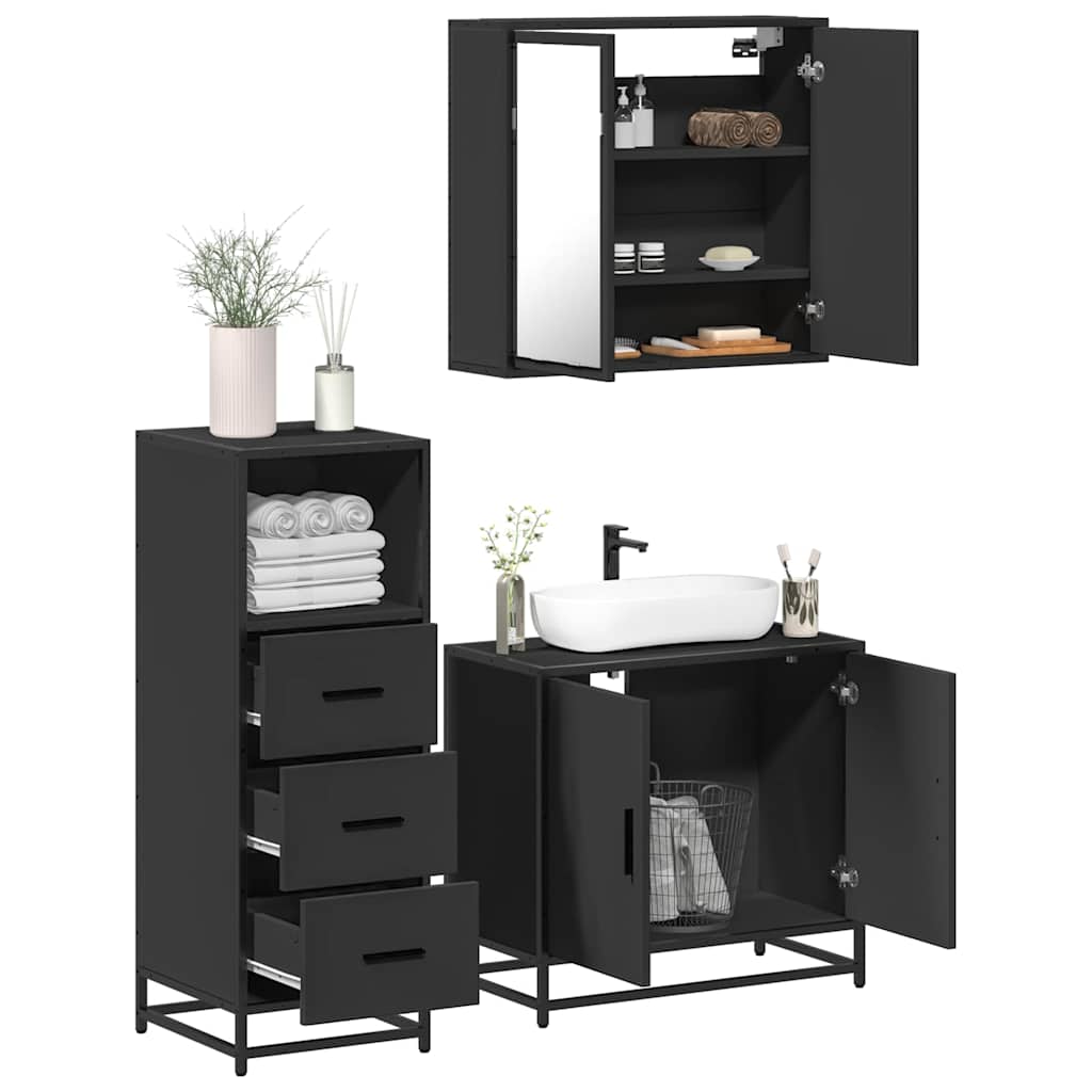 Set Mobili da Bagno 3 pz Nero in Legno Multistrato
