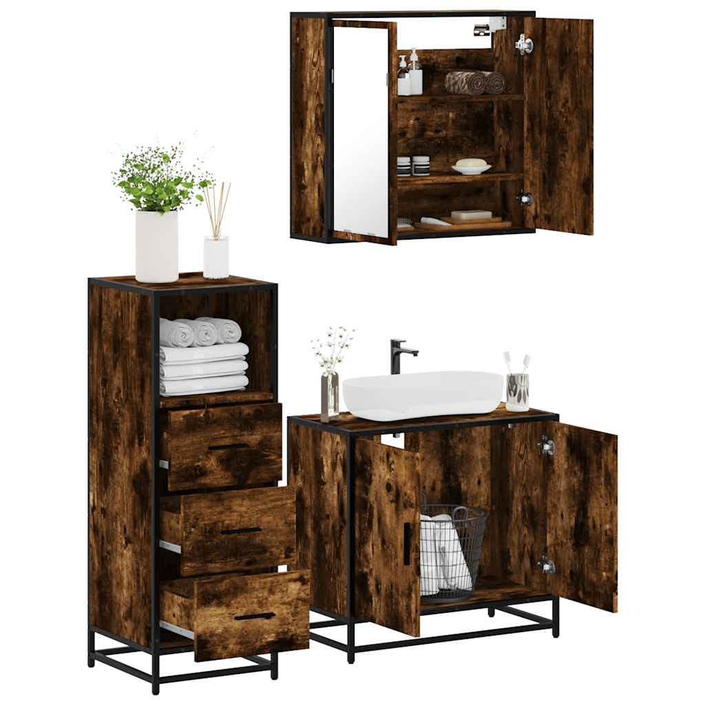 Set Mobili da Bagno 3 pz Rovere Fumo in Legno Multistrato