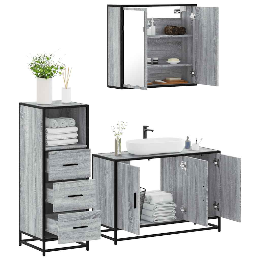 Set Mobili da Bagno 3 pz Grigio Sonoma in Legno Multistrato