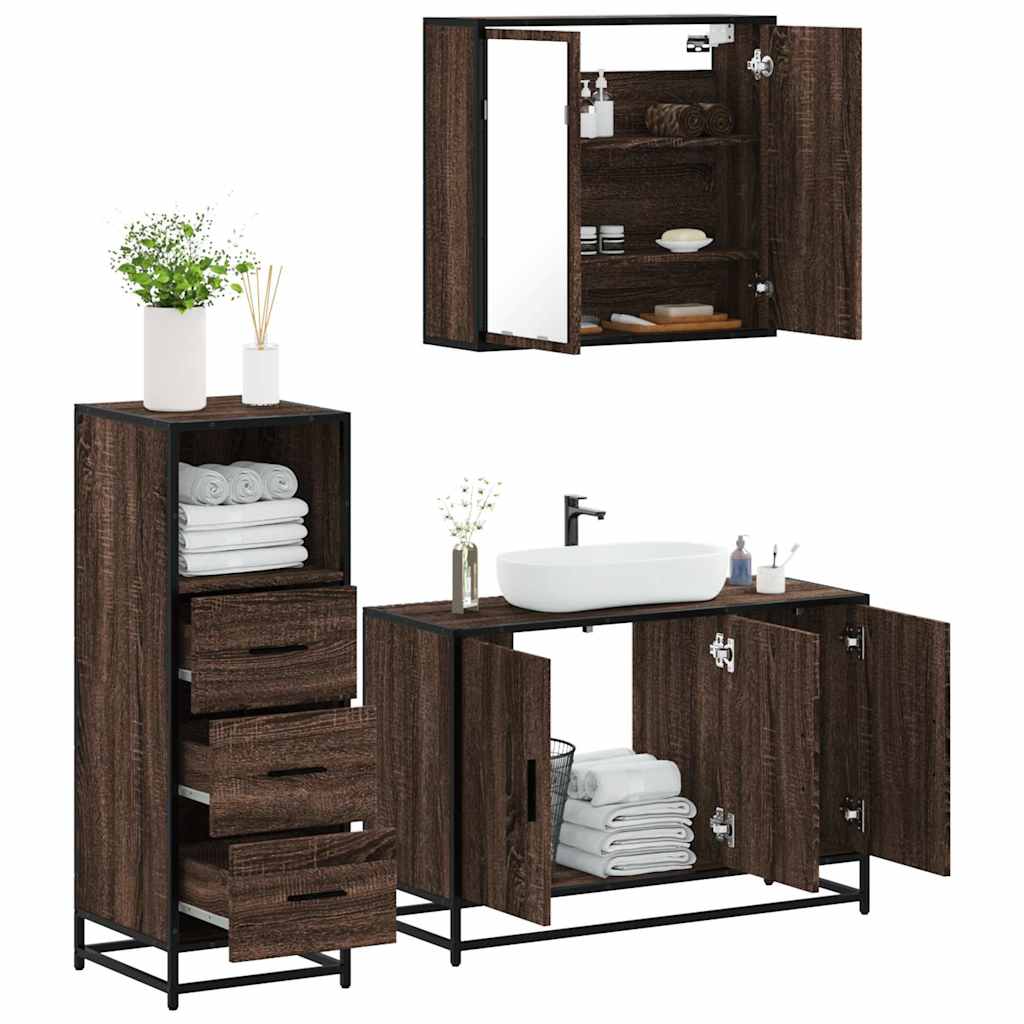 Set Mobili da Bagno 3 pz Rovere Marrone in Legno Multistrato