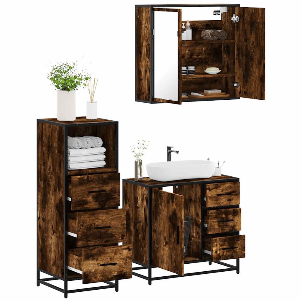 Set Mobili da Bagno 3 pz Rovere Fumo in Legno Multistrato