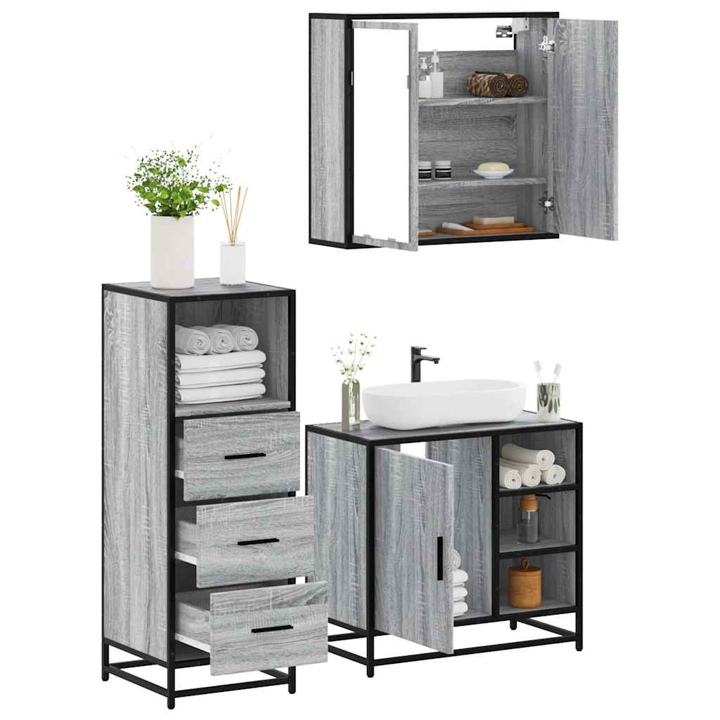 Set Mobili da Bagno 3 pz Grigio Sonoma in Legno Multistrato