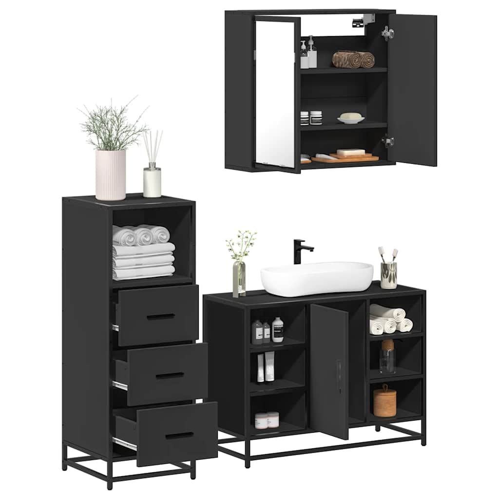 Set Mobili da Bagno 3 pz Nero in Legno Multistrato