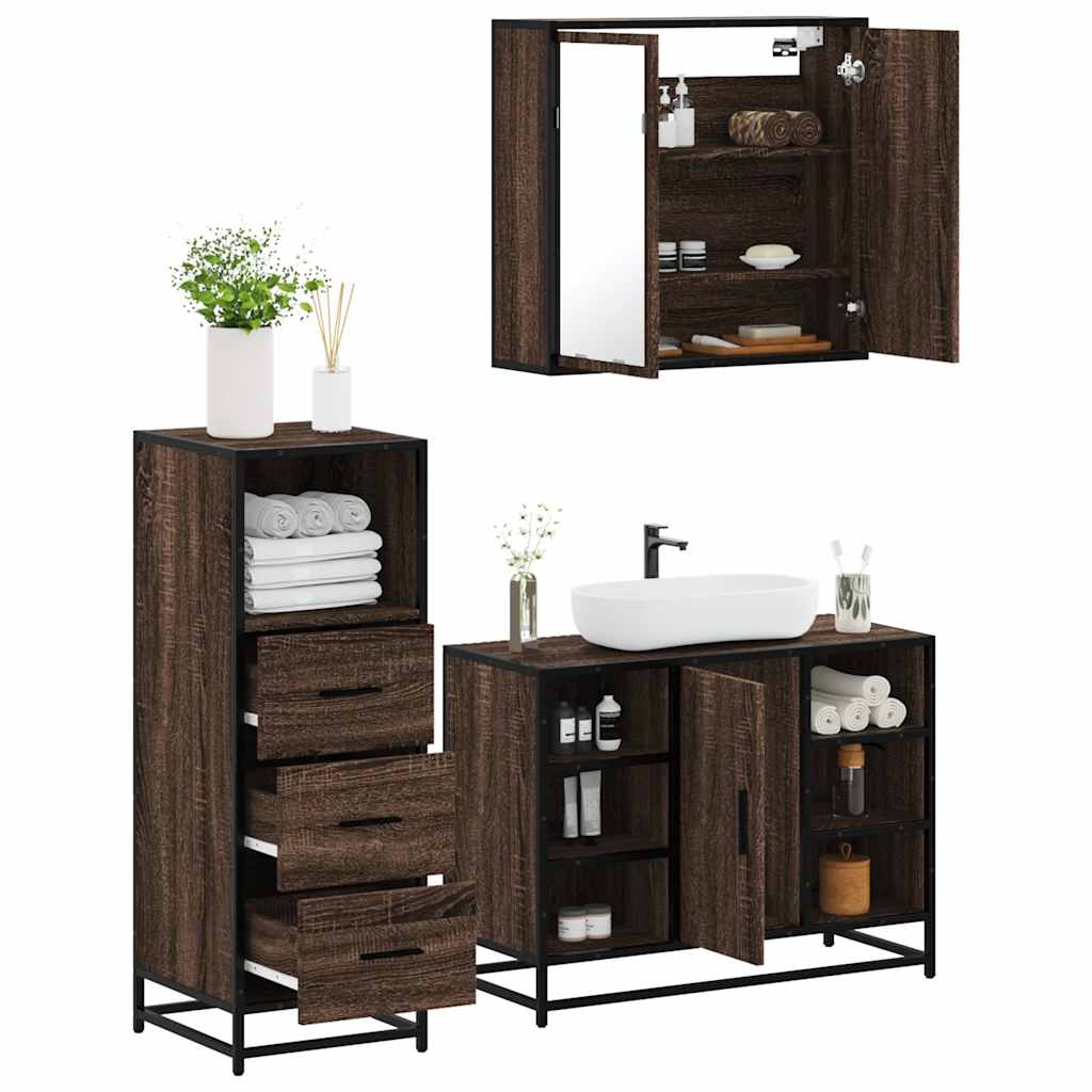 Set Mobili da Bagno 3 pz Rovere Marrone in Legno Multistrato