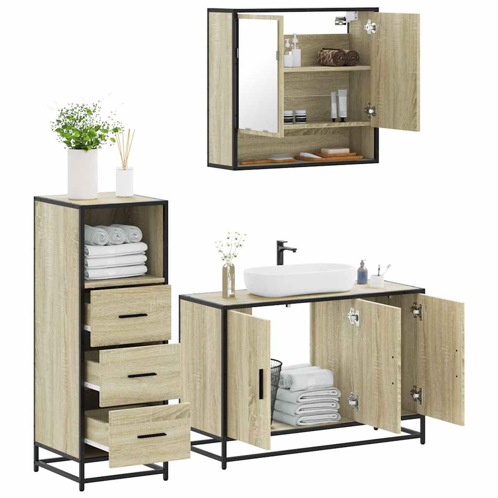 Set Mobili da Bagno 3 pz Rovere Sonoma in Legno Multistrato