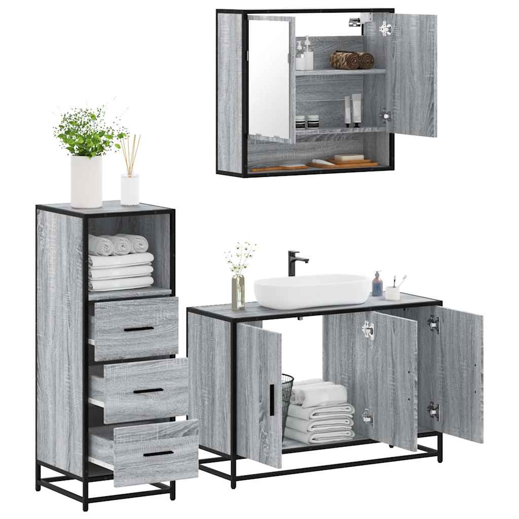 Set Mobili da Bagno 3 pz Grigio Sonoma in Legno Multistrato